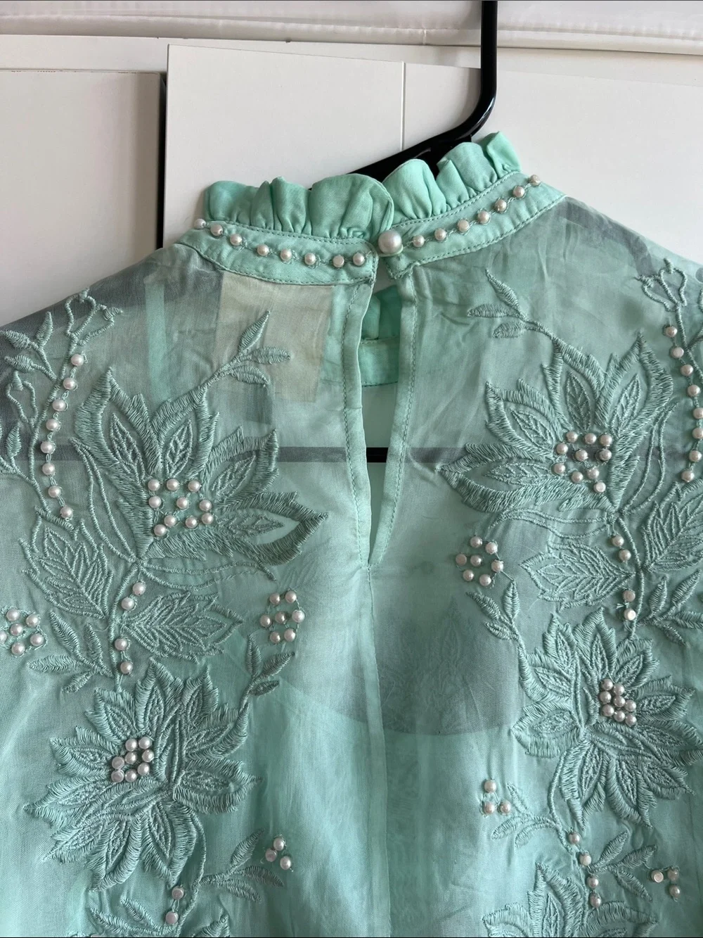 FARM RIO Embellished Mint Green Sheer Blouse with Puff Sleeves Size S